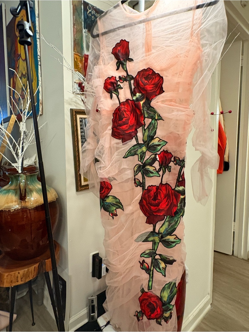Women’s Pink Floral Rose Appliqué Tulle Dress